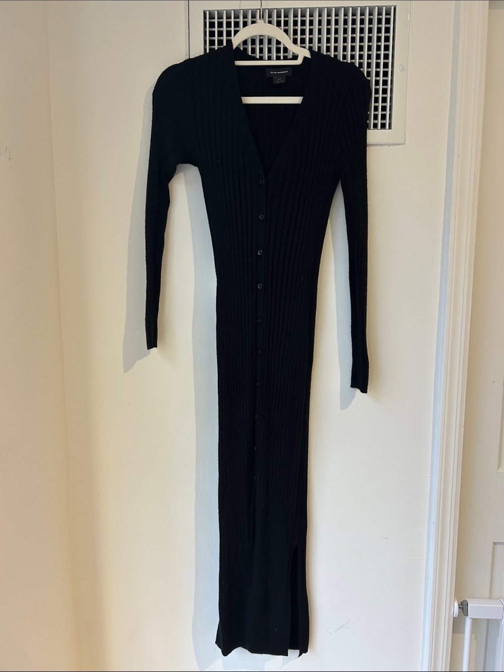 Club Monaco Black Wool Ribbed Button-Front Maxi Dress, size S